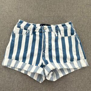 Hollister High Rise Cuffed Shorts Striped Blue White Button Up 5/27 Waist Cotton